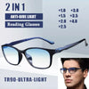 A pair of dark blue anti-blue light reading glasses shown with various lens options and a model wearing them.