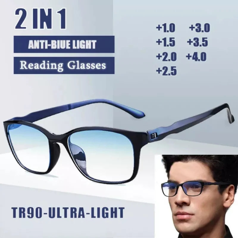 A pair of dark blue anti-blue light reading glasses shown with various lens options and a model wearing them.