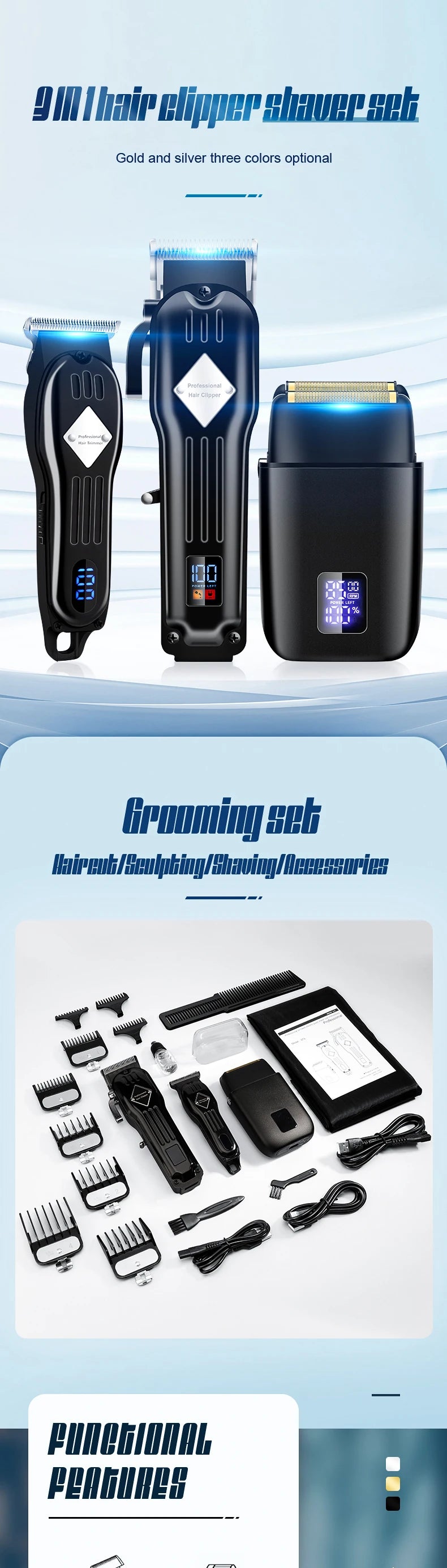 A set of three professional electric hair clippers and shavers displayed on a white background.