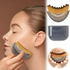 A woman is using a lymphatic contour facial massage brush on her face, with the brush shown separately.