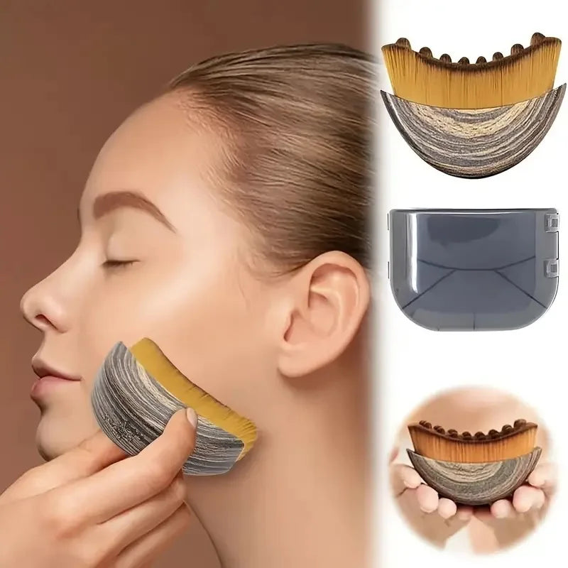 A woman is using a lymphatic contour facial massage brush on her face, with the brush shown separately.