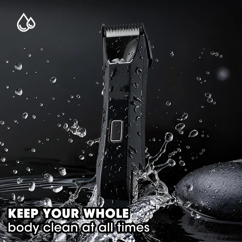A black body grooming hair trimmer and epilator is shown being used in water, emphasizing its ability to keep the body clean.