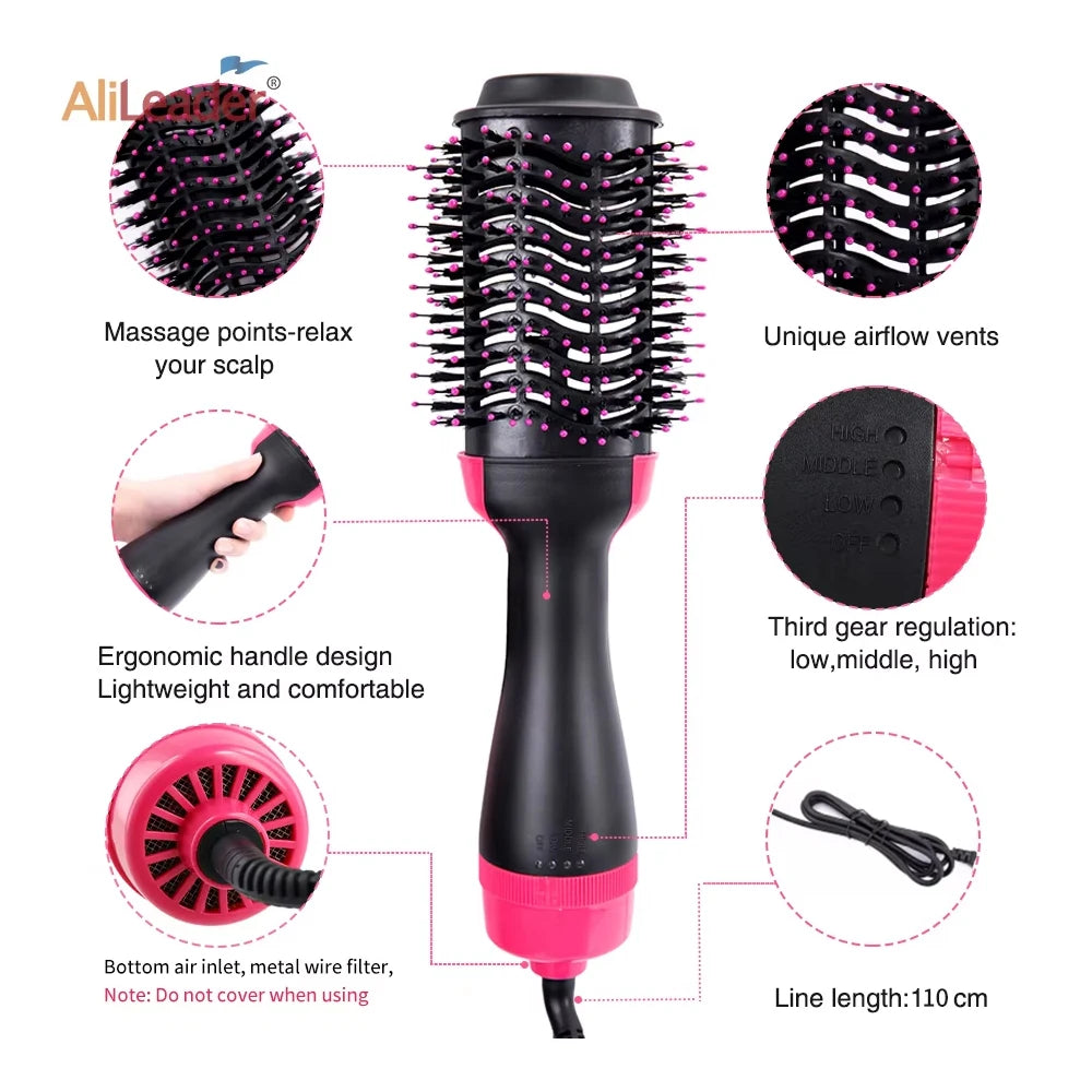 Black and pink professional hair dryer brush with massage points, unique airflow vents, ergonomic handle, and 110 cm line len