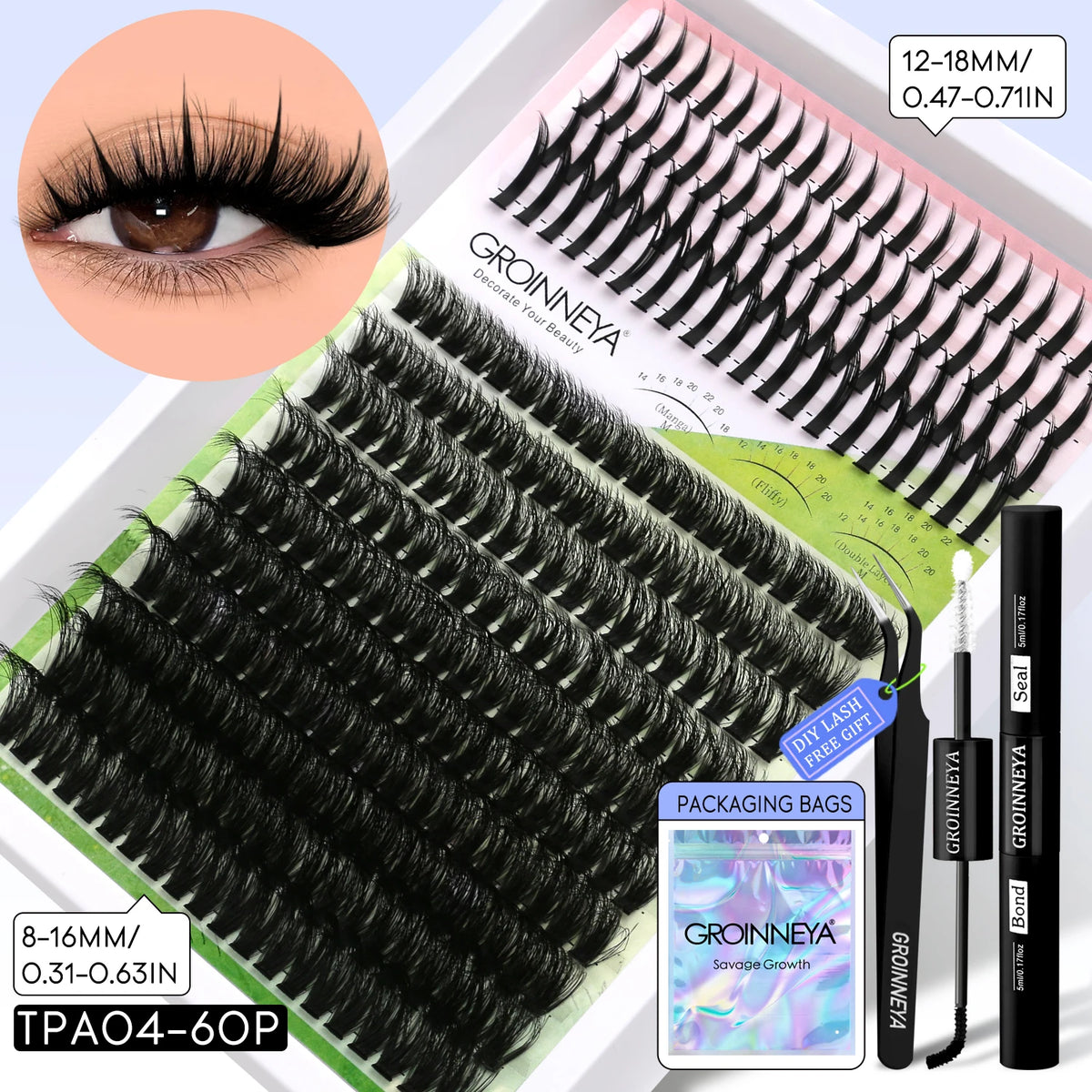 A package of Groinneya DIY spiky lash clusters for bold extensions shown next to a close-up of the lashes.