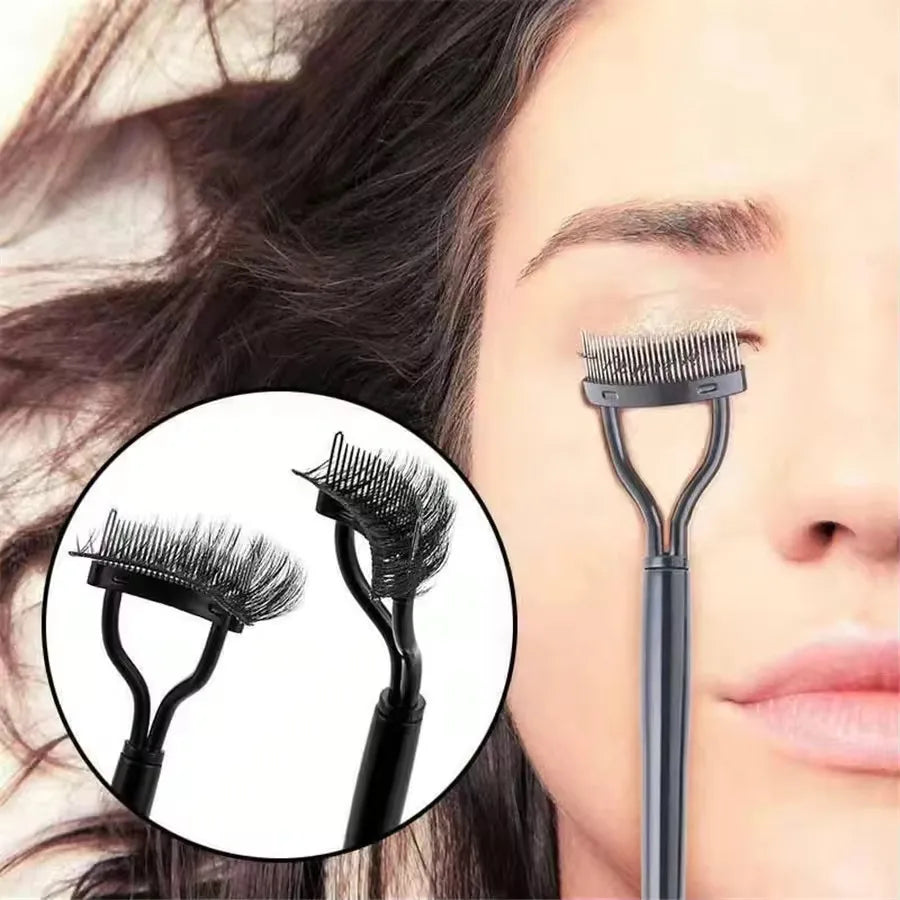 Gros plan sur l'œil d'une femme montrant l'outil de recourbe-cils en acier inoxydable avec des recourbe-cils individuels.