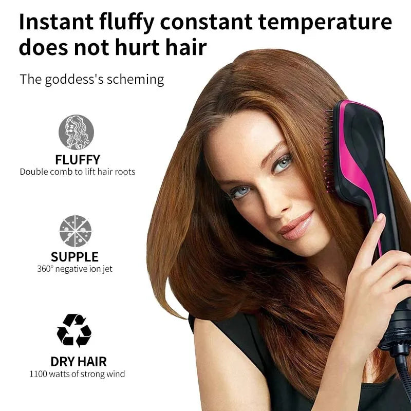 A woman is using a pink hot air brush hair styling tool on her hair.