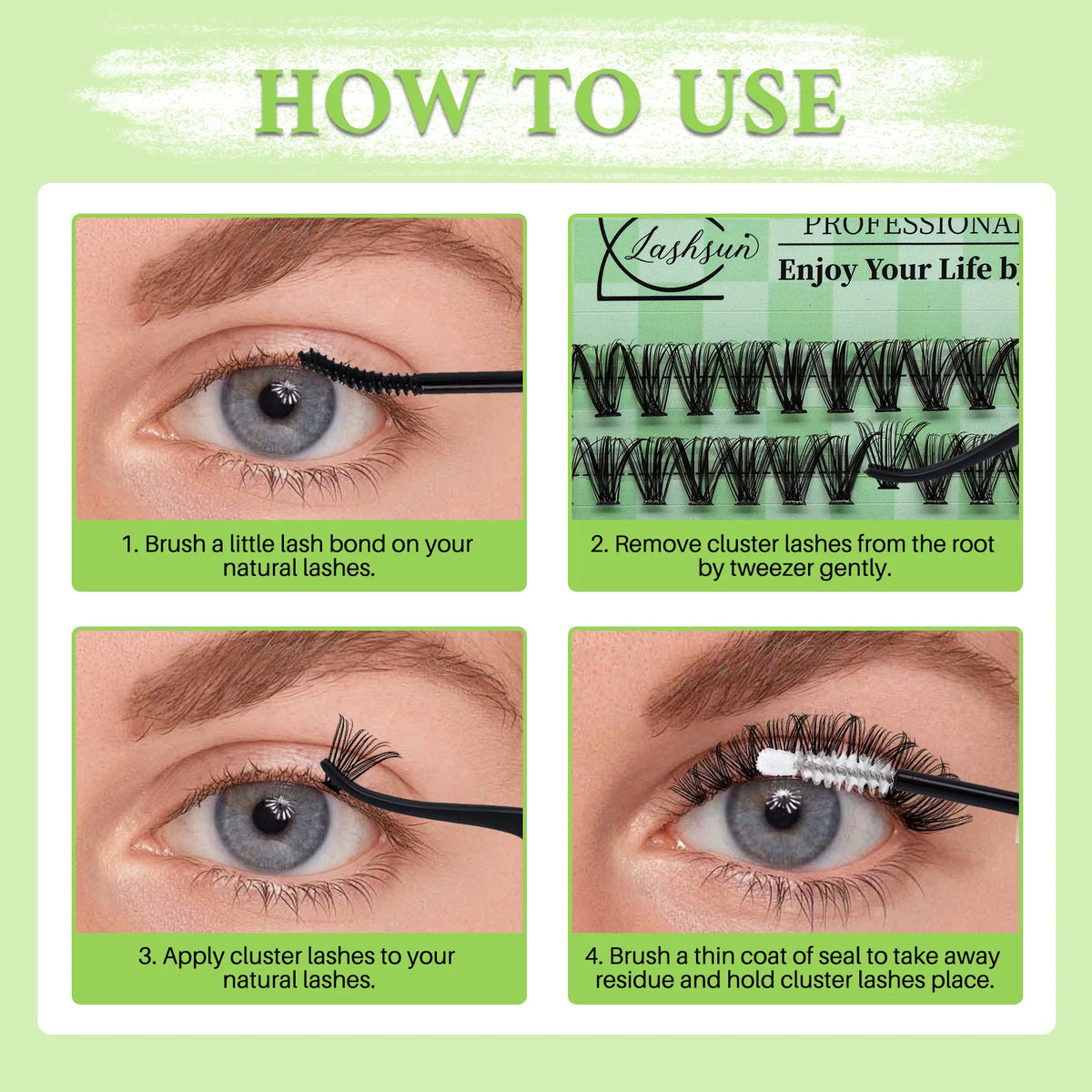 Instructions showing how to apply lash clusters to natural lashes for volume eyelash extensions.