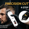 A man is using a precision cutting hair trimmer with a 4-step lever to achieve flawless fades and blends.