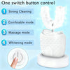 A white ultrasonic electric toothbrush with a switch button control and various cleaning modes is shown.