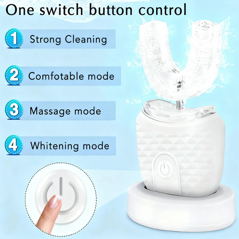 A white ultrasonic electric toothbrush with a switch button control and various cleaning modes is shown.