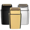 Three professional rechargeable electric shavers in black, gold, and silver are displayed side by side.