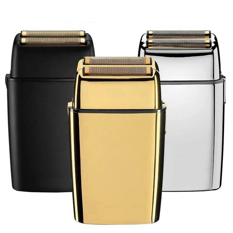Three professional rechargeable electric shavers in black, gold, and silver are displayed side by side.