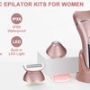 A pink electric epilator kit for women showing the main device and accessories on a white background.