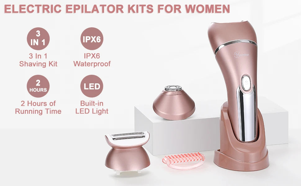 A pink electric epilator kit for women showing the main device and accessories on a white background.