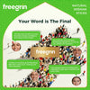 A green and white graphic featuring the brand freegrin and text about natural miswak sticks for oral care.