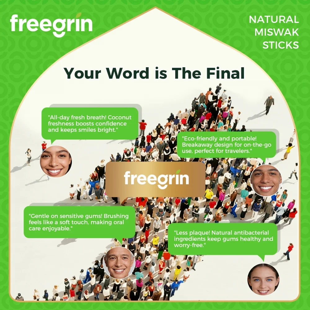 A green and white graphic featuring the brand freegrin and text about natural miswak sticks for oral care.