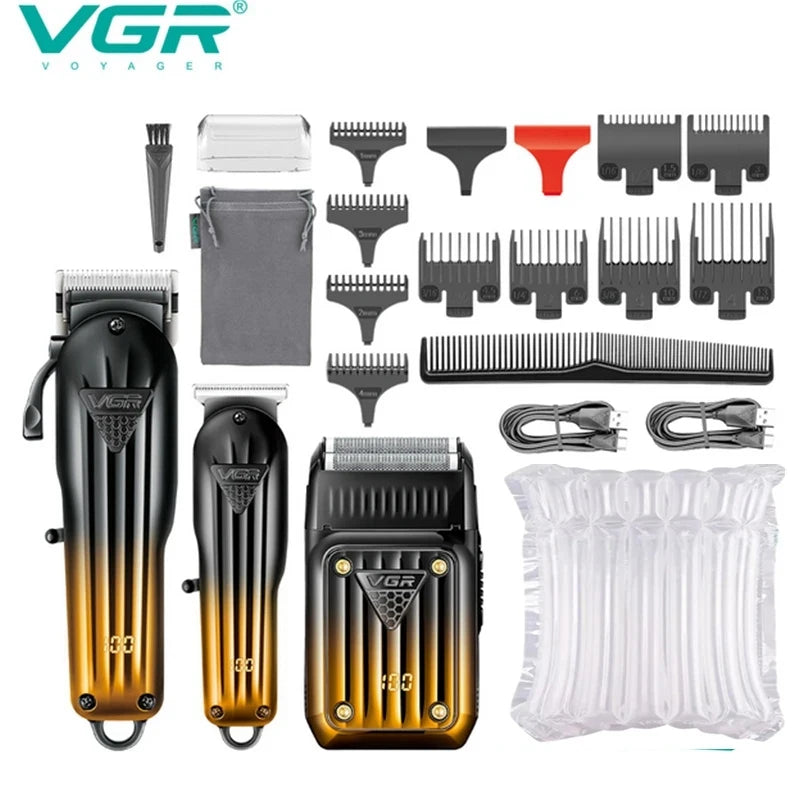 Set professioneller Haarschneider und Trimmer in schwarz und gold mit verschiedenen Aufsätzen.
