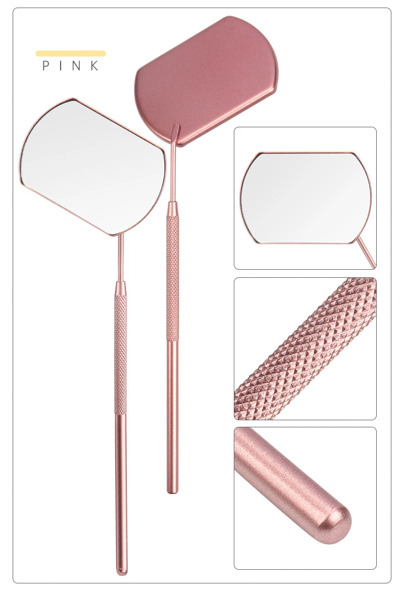 A pink professional stainless steel lash extension mirror set showing the mirror, handle, and textured grip.