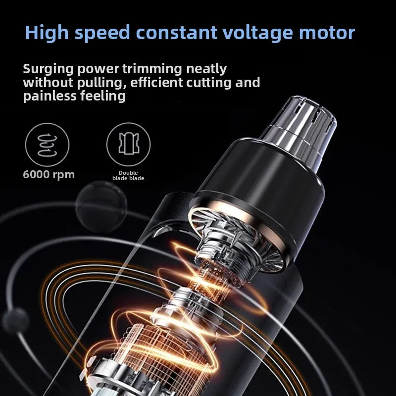 Close-up of a high speed constant voltage motor for a professional USB nose hair trimmer showing internal blades and spinning
