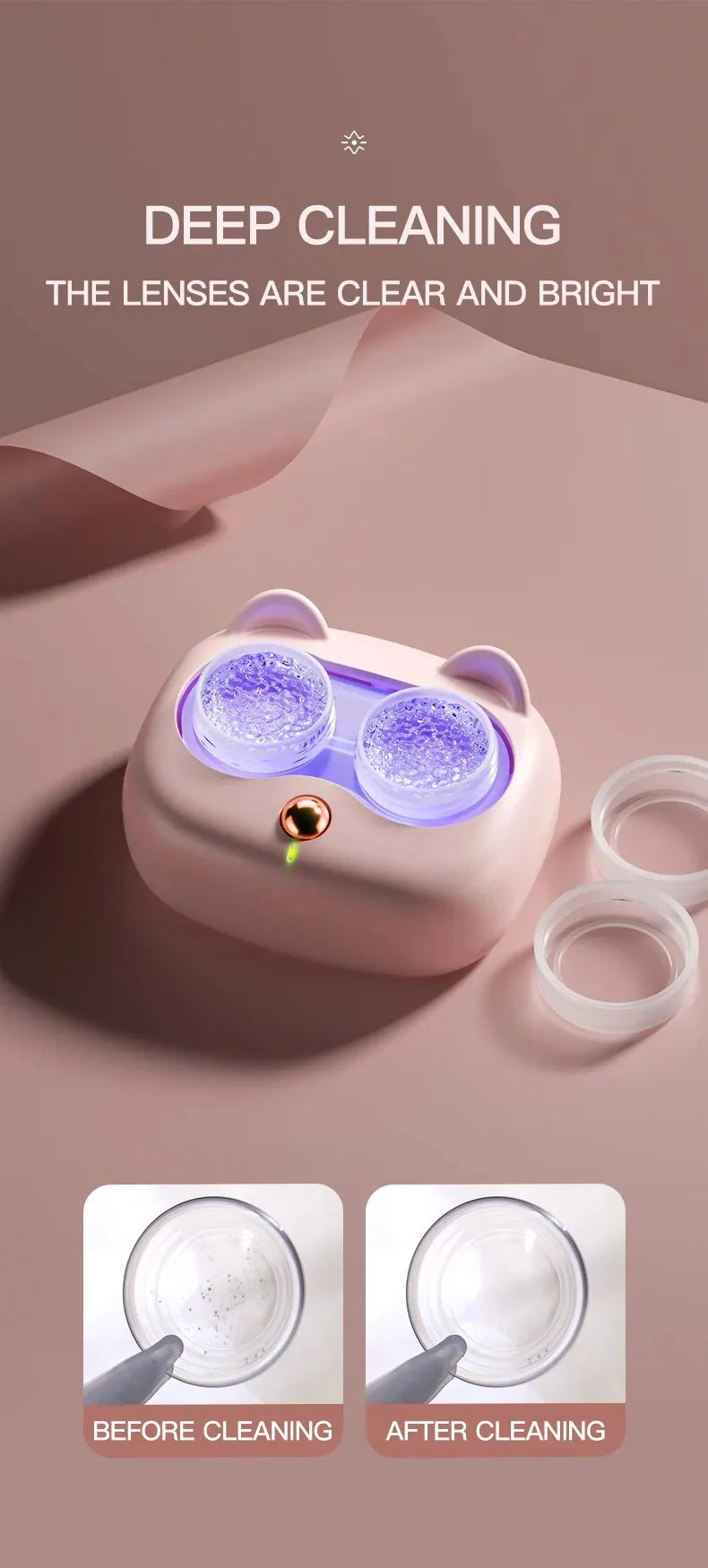 A pink cleaning case for contact lenses is shown with a lens being cleaned, demonstrating clear and bright lenses.