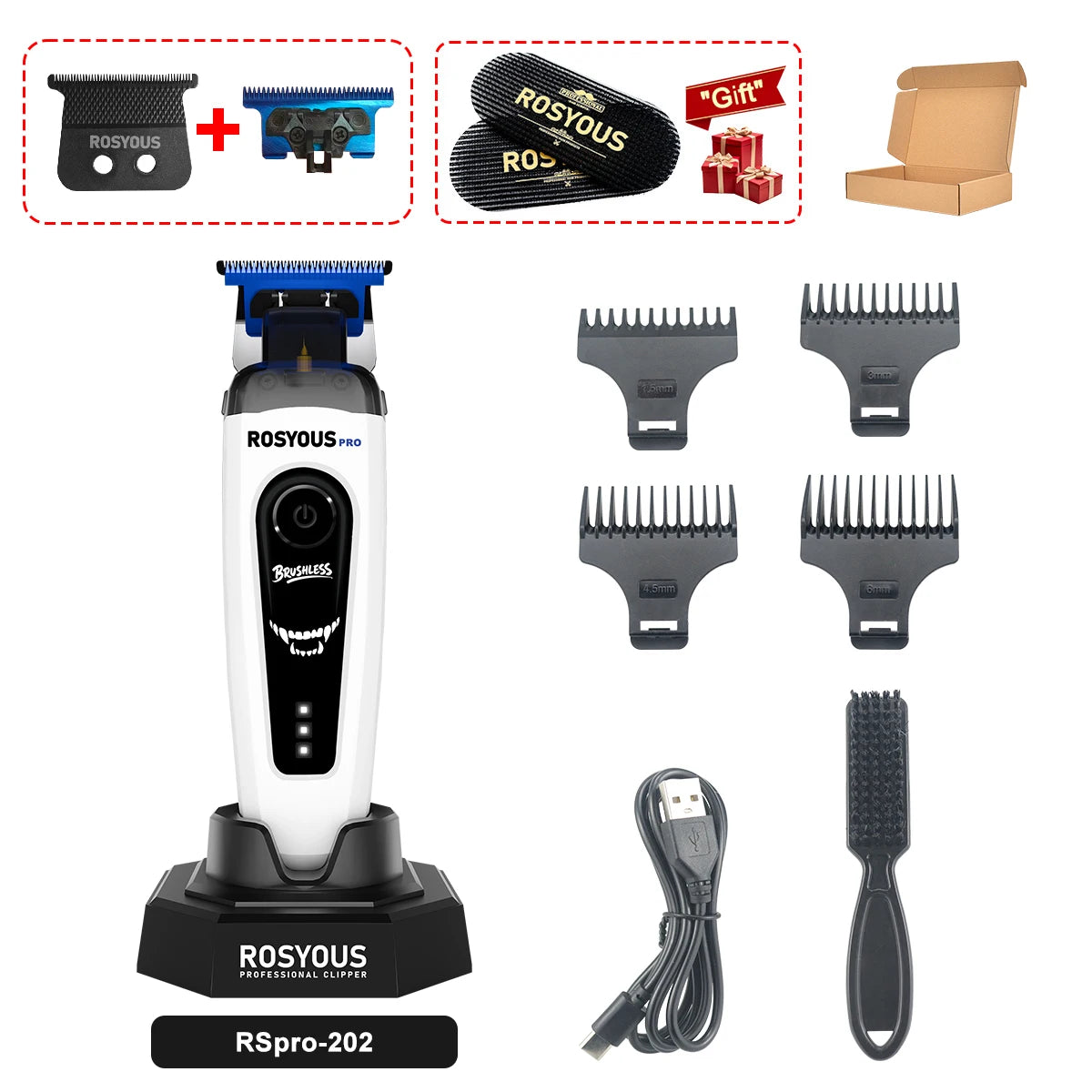 Rosyous Pro electric hair clipper and accessories including combs and a cord
