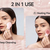 A woman uses a 2-in-1 facial cleansing brush for heating massage and deep cleansing on her face.