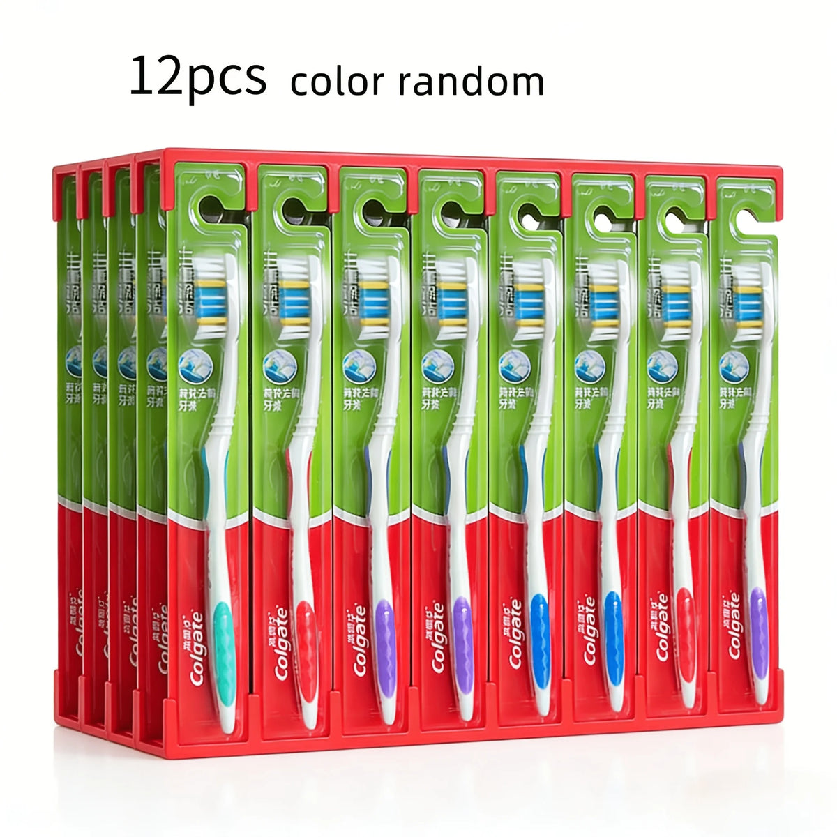 A box containing 12 random colored gentle manual toothbrushes for daily oral hygiene.