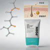 A tube of PDRN Reedle Shot Brush Serum for daily scalp care next to a diagram illustrating scalp skin layers.