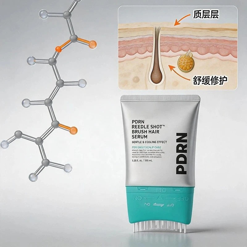 A tube of PDRN Reedle Shot Brush Serum for daily scalp care next to a diagram illustrating scalp skin layers.