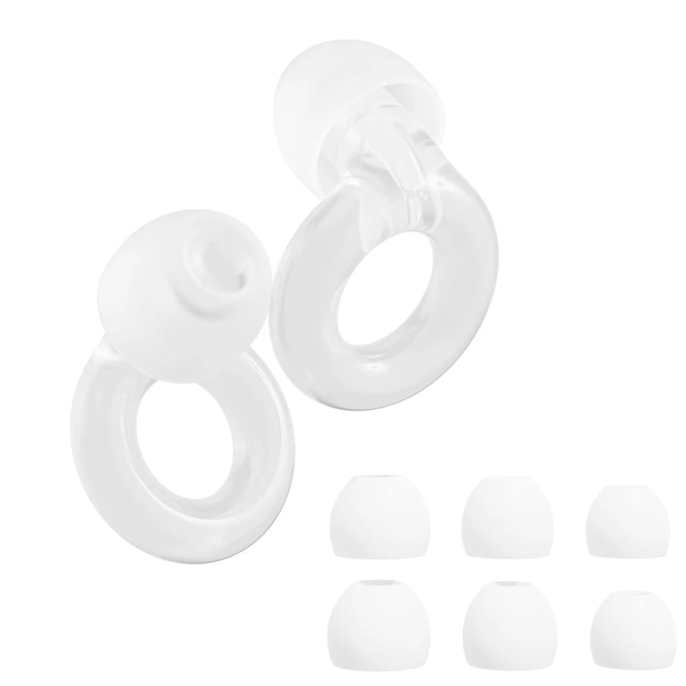 A set of white silicone ear plugs for noise reduction, shown in various shapes and sizes.