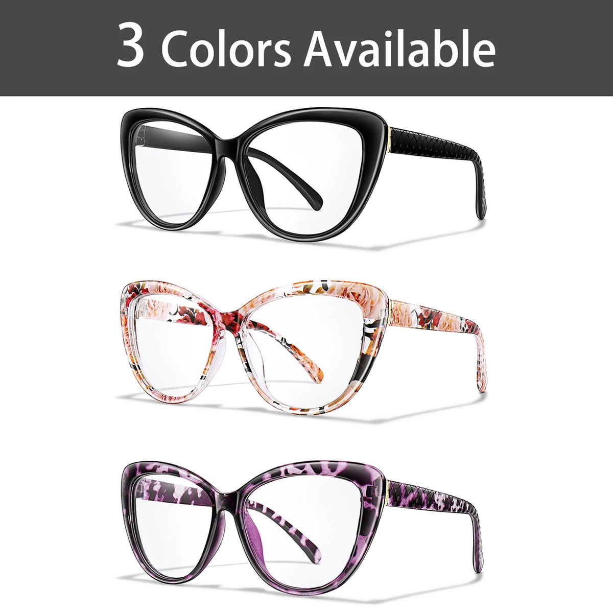 Three pairs of clear cateye reading glasses shown in black, pink floral pattern, and purple floral pattern.