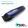 A close-up view of a blue electric hair clipper with a rotating motor visible.