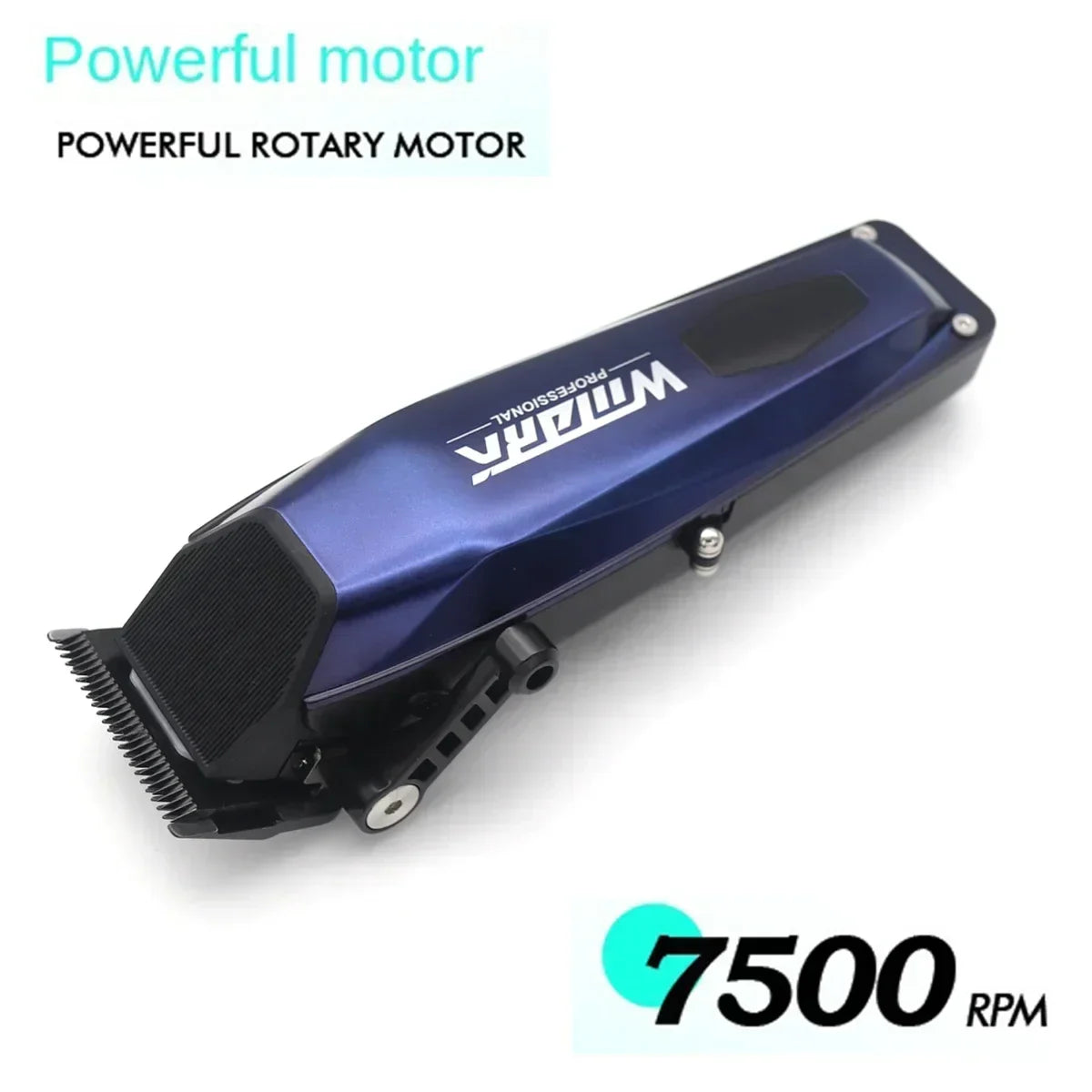 A close-up view of a blue electric hair clipper with a rotating motor visible.
