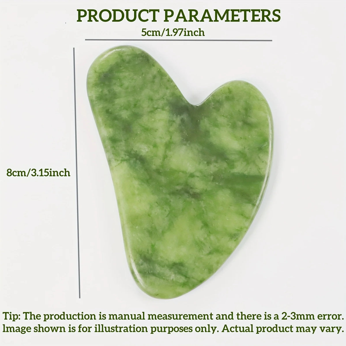 A smooth, heart-shaped green jade gua sha tool used for facial lifting and muscle relaxation.