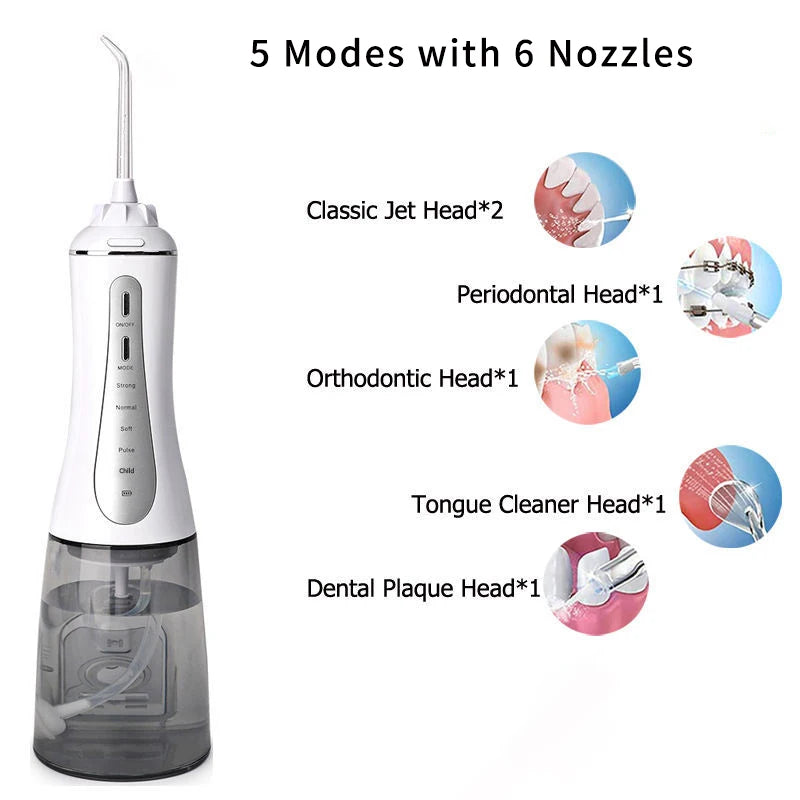 A white portable water flosser device with a clear bottle and six different sized nozzles for various dental cleaning modes.