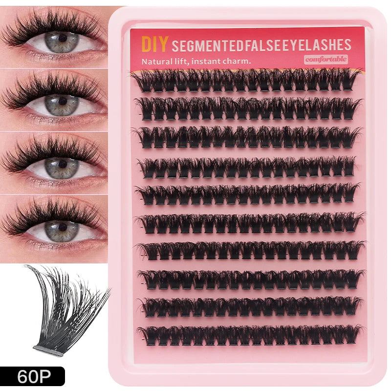 A pink tray displaying various rows of black false eyelashes for DIY segmented lash extensions.