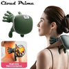 A woman is using a green silicone massager on her neck and shoulder, with a close-up showing a dual-zone warm compress featur