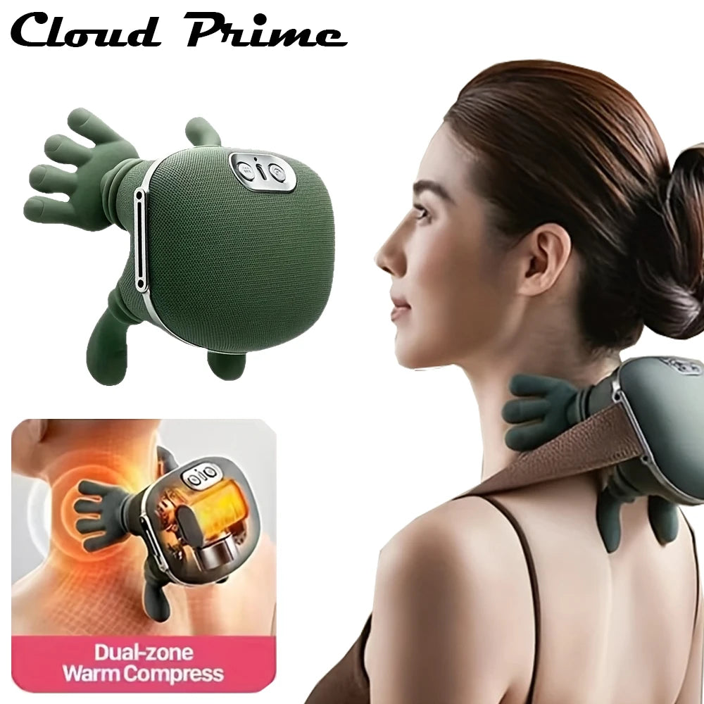A woman is using a green silicone massager on her neck and shoulder, with a close-up showing a dual-zone warm compress featur