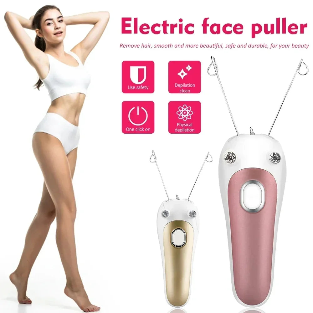 A pink electric face puller device shown next to a model demonstrating its use for hair removal.