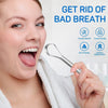 A woman is using a stainless steel tongue and gum scraper to clean her mouth, with text promoting fresher breath.