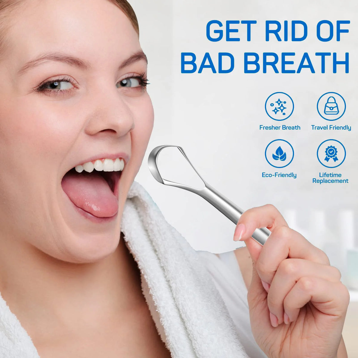A woman is using a stainless steel tongue and gum scraper to clean her mouth, with text promoting fresher breath.