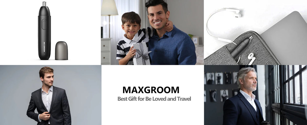 A collection of MAXGROOM products including a nose hair trimmer, a grooming kit, and men's grooming products.