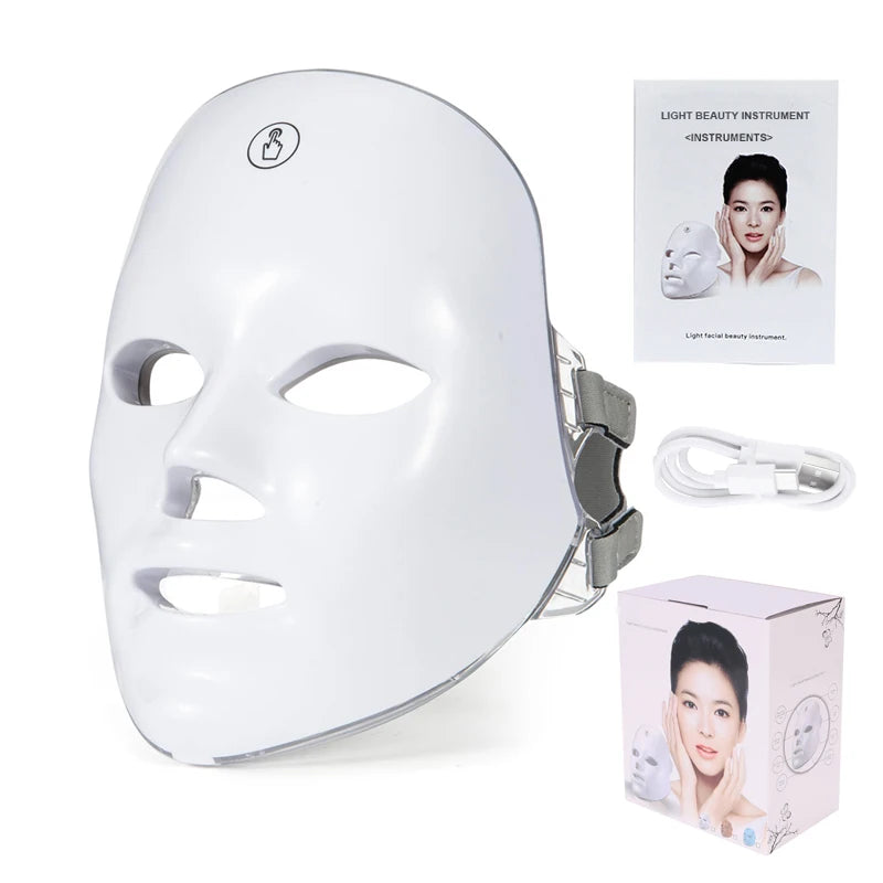 A white LED facial therapy mask is shown with its accompanying light beauty instrument and packaging.