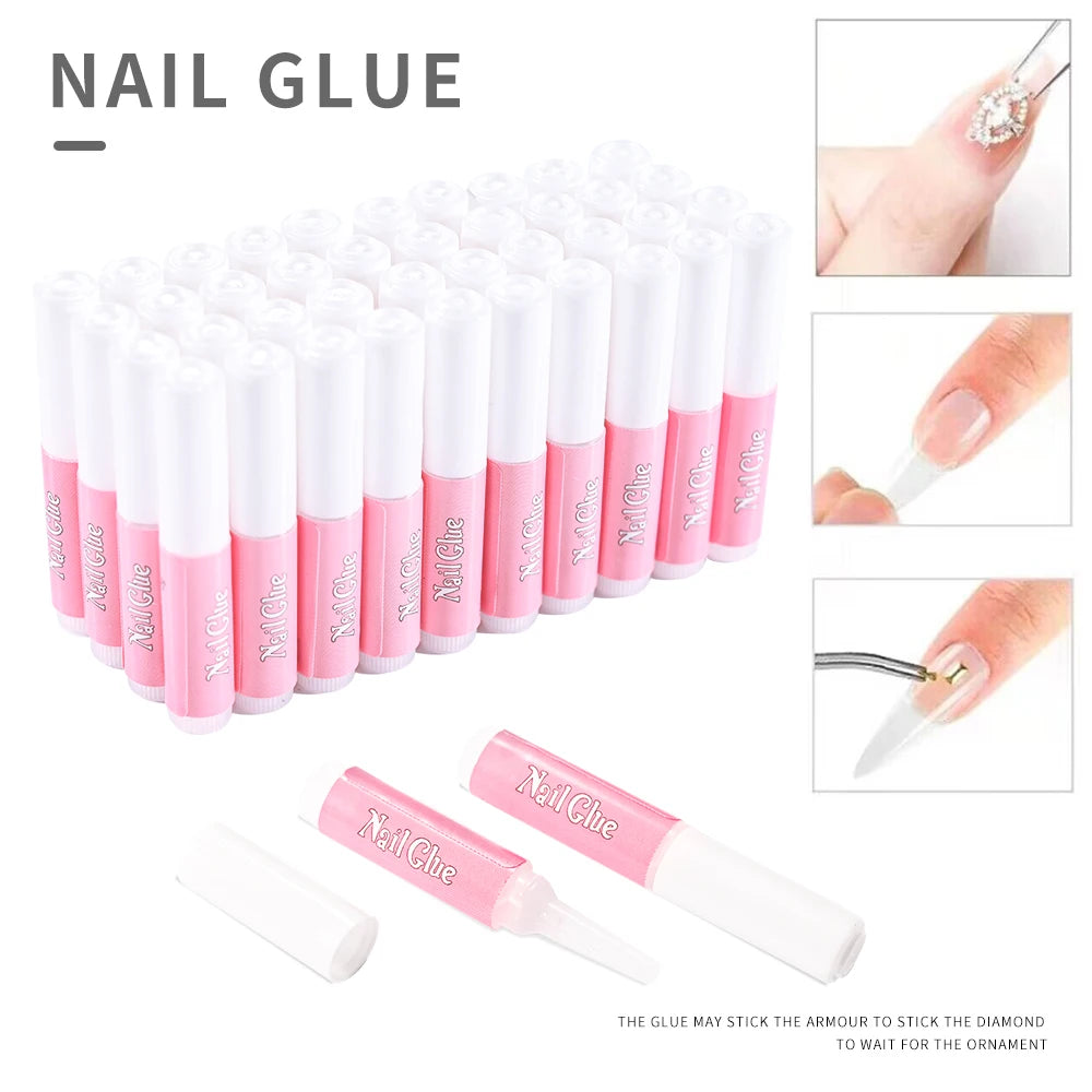 Collection de tubes et applicateurs de colle à ongles roses pour usage professionnel.