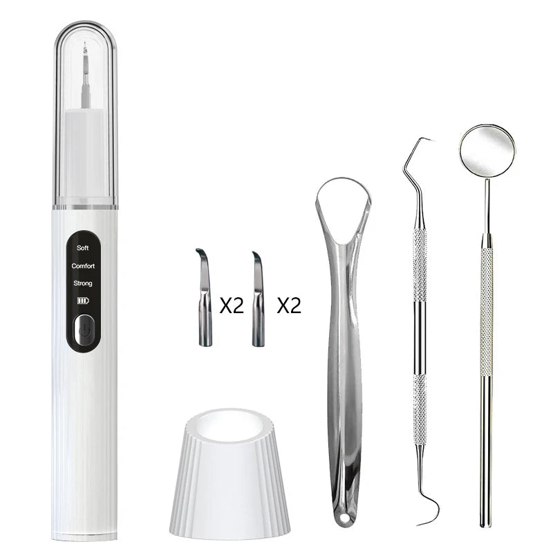 A professional ultrasonic dental tooth cleaner device shown with various tips and a cleaning head.