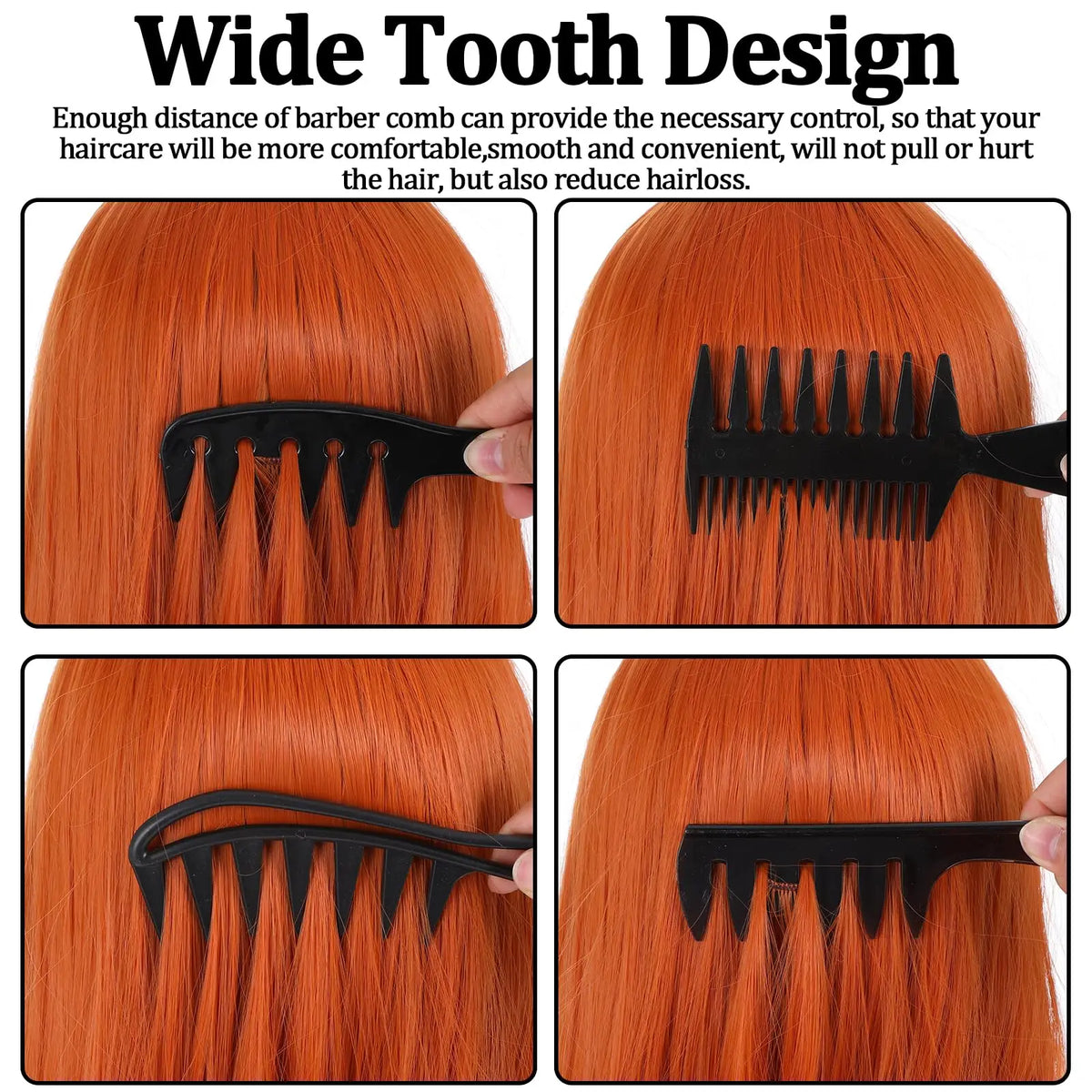 A set of four wide tooth combs for men's hair styling, shown in orange-red hair.