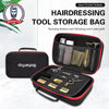 A black and red multifunctional hairdressing tool storage bag with various grooming tools inside.