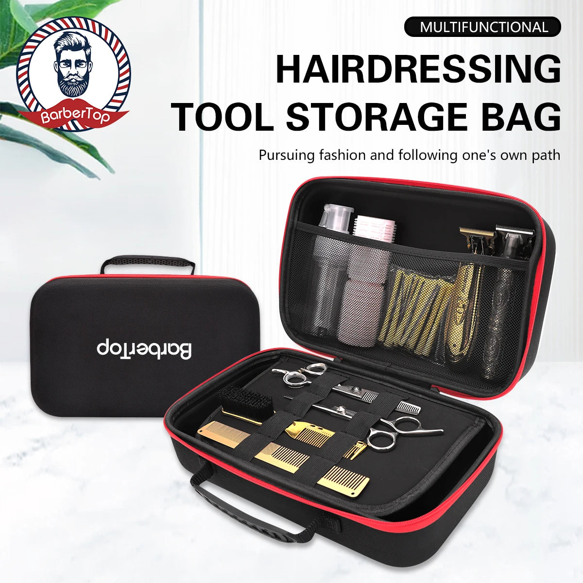 A black and red multifunctional hairdressing tool storage bag with various grooming tools inside.