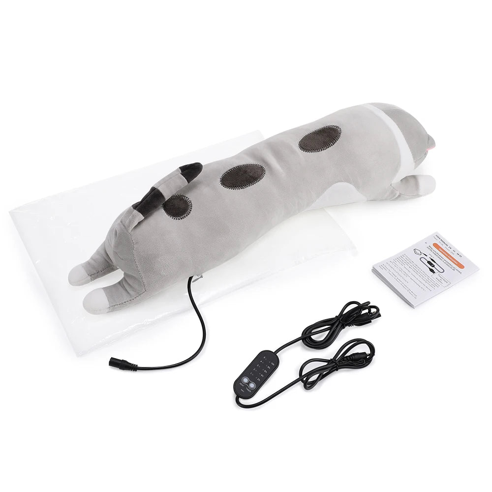 A gray cat-shaped electric heating pad for period and muscle relief with a power cord and remote control.