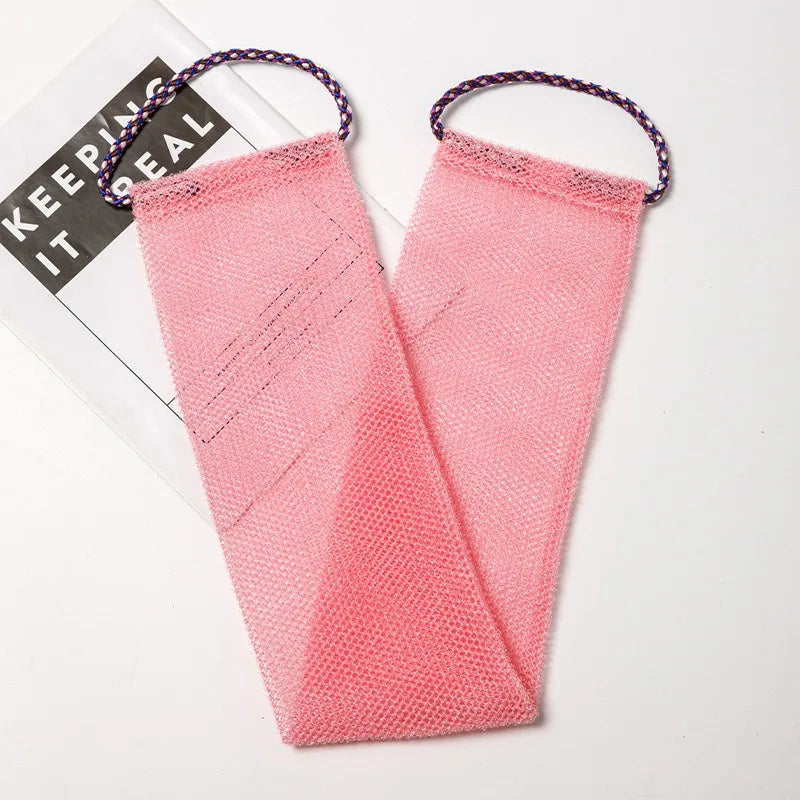 Pink exfoliating African net body scrub sponge with purple string